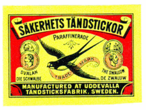 SÄKERHETS TÄNDSTICKOR PARAFFINERADE SVALAN DIE SCHWALBE THE SWALLOW DE ZWALUW MANUFACTURED AT UDDEVALLA TÄNDSTICKSFABRIK, SWEDEN. Logo (EUIPO, 01.04.1996)