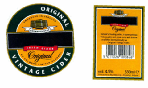 ORIGINAL VINTAGE CIDER AUTHENTICITAS IRISH CIDER Original PRODUCED IN IRELAND BY BULMERS LIMITED CLONMEL Logo (EUIPO, 12/06/1999)