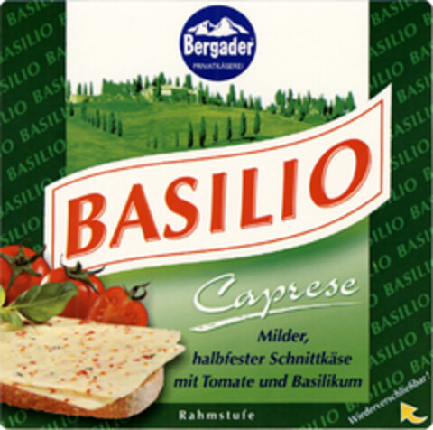 Bergader PRIVATKÄSEREI BASILIO Caprese Milder, halbfester Schnittkäse mit Tomate und Basilikum Rahmstufe Logo (EUIPO, 16.04.2004)