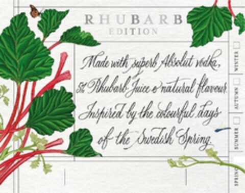 RHUBARB EDITION Made with superb Absolut vodka, 5% Rhubarb Juice e natural flavour. Inspired by the colourful days of the Swedish Spring. SUMMER AUTUMN WINTER Logo (EUIPO, 24.01.2019)