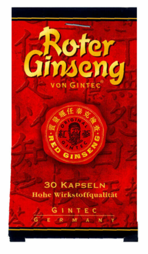Roter Ginseng VON GINTEC ORIGINAL GINTEC RED GINSENG 30 KAPSELN Hohe Wirkstoffqualität GINTEC GERMANY Logo (EUIPO, 24.03.2000)