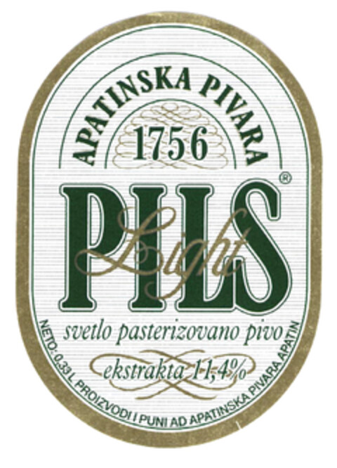PILS Light APATINSKA PIVARA 1756 svelto pasterizovano pivo ekstrakta 11,4% NETO: 0,33L PROIZVODI I PUNI AD APATINSKA PIVARA APATIN Logo (EUIPO, 22.07.2003)