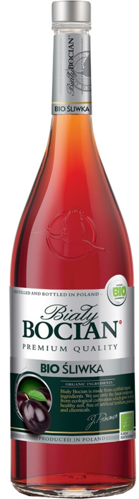 Biały BOCIAN BIO ŚLIWKA – DISTILLED AND BOTTLED IN POLAND – PREMIUM QUALITY – ORGANIC INGREDIENTS Biały Bocian is made from certified organic ingredients. We use only the finest components from ecological cultivation which grow in healthy soil, free of artificial fertilisers, pesticides and chemicals. PRODUCED IN POLAND Logo (EUIPO, 31.05.2019)