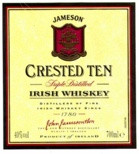 CRESTED TEN JAMESON Triple_Distilled IRISH WHISKEY DISTILLERS OF FINE IRISH WHISKEY SINCE 1780 John Jamesontson BOW STREET DISTILLERY DUBLIN 7 IRELAND PRODUCT OF IRELAND Logo (EUIPO, 30.10.2001)