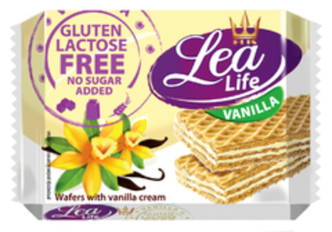 FLIS Lea Life VANILLA Wafers with vanilla cream GLUTEN LACTOSE FREE NO SUGAR ADDED Logo (EUIPO, 01/23/2019)