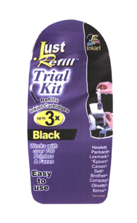 JR Universal Inkjet Just Refill Trial Kit Refills Inkjet Cartridges up to 3x Black Works with over 700 Printers & Faxes Hewlett Packard Lexmark Epson Canon Dell Brother Compaq Olivetti Xerox Logo (EUIPO, 18.10.2004)