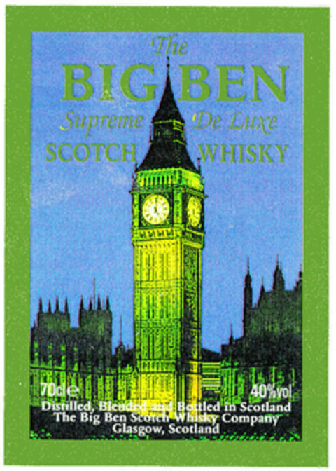 The BIG BEN Supreme De Luxe SCOTCH WHISKY 70cl e 40%vol Distilled, Blended and Bottled in Scotland The Big Ben Scotch Whisky Company Glasgow, Scotland Logo (EUIPO, 11/20/1998)