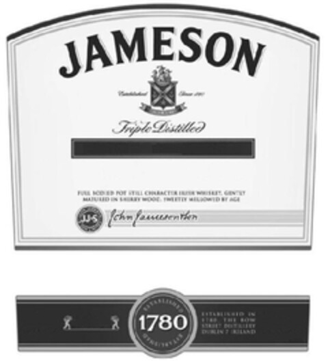 Jameson. Established since 1780. Sine Metu. Full bodied pot still character Irish whiskey. Gently matured in sherry wood. Sweetly mellowed by age. Logo (EUIPO, 04.02.2011)