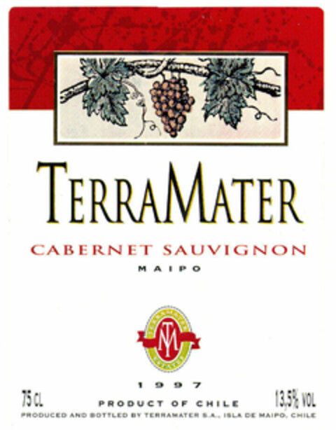 TERRAMATER CABERNET SAUVIGNON MAIPO TM TERRAMATER ESTATES 1997 75CL PRODUCT OF CHILE 13,5% PRODUCED AND BOTTLED BY TERRAMATER S.A., ISLA DE MAIPO. CHILE Logo (EUIPO, 26.10.1998)