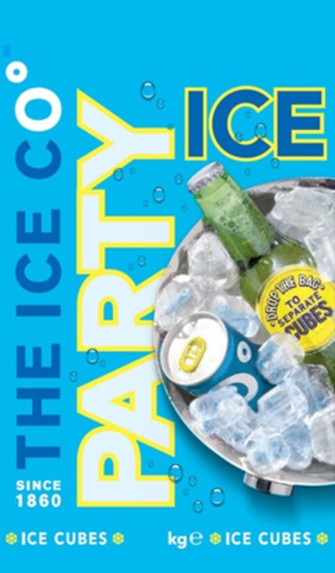 PARTY ICE, THE ICE CO, SINCE 1860, ICE CUBES, DROP THE BAG TO SEPARATE CUBES, kge Logo (EUIPO, 20.02.2018)