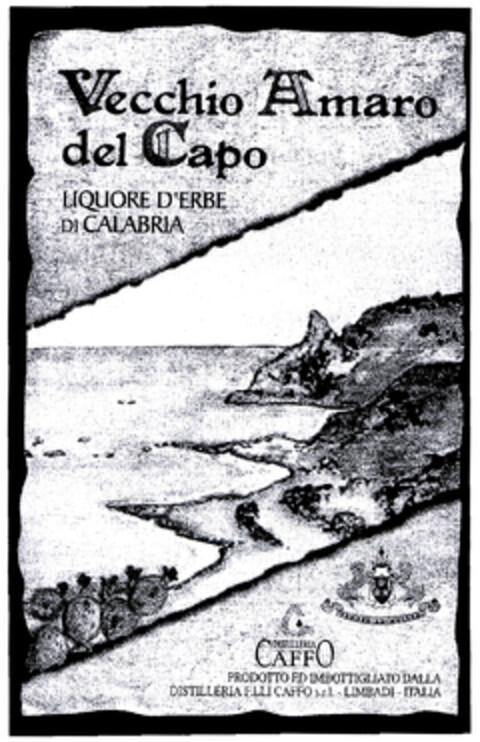 Vecchio Amaro del Capo LIQUORE D'ERBE DI CALABRIA DISTILLERIA CAFFO PRODOTTO ED IMBOTTIGLIATO DALLA DISTILLERIA F.LLI CAFFO s.r.l. - LIMBADI - ITALIA Logo (EUIPO, 04.02.2003)