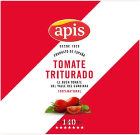 APIS DESDE 1929 PRODUCTO DE ESPAÑA TOMATE TRITURADO EL BUEN TOMATE DEL VALLE DEL GUADIANA 100 % NATURAL CALIDAD SUPERIOR Logo (EUIPO, 09/01/2023)