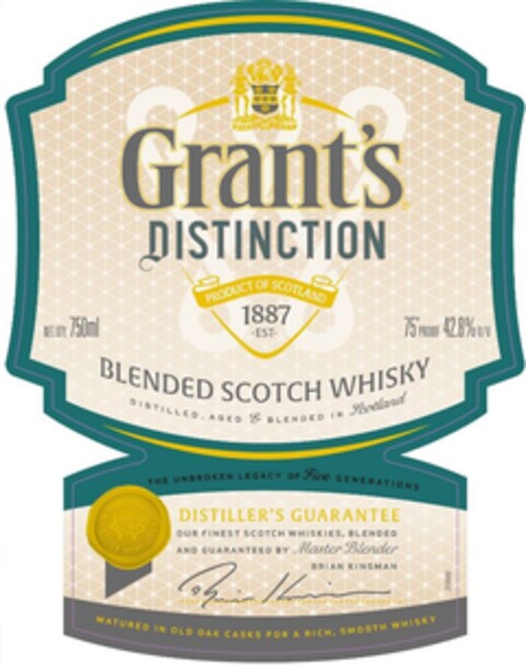 GRANT'S DISTINCTION PRODUCT OF SCOTLAND 1887 EST. BLENDED SCOTCH WHISKY Logo (EUIPO, 09/13/2016)