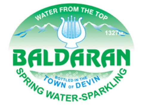 baldaran; water from the top; spring water-sparkling; bottled in the town of devin Logo (EUIPO, 12.02.2014)