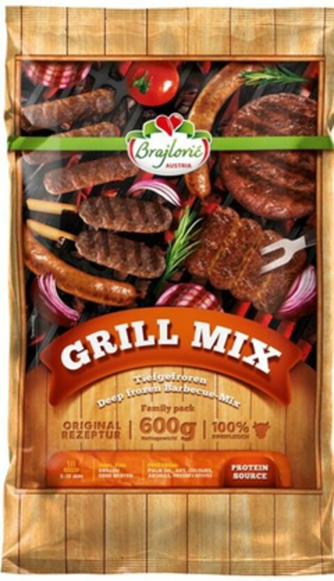 Brajlović AUSTRIA GRILL MIX Tiefgefroren Deep frozen Barbecue-Mix Family pack ORIGINAL REZEPTUR 600g Nettogewicht 100% RINDFLEISCH 5-15 MIN IDEAL ZUM GRILLEN ODER BRATEN FREE FROM: PALM OIL, ART. COLOURS, AROMAS, PRESERVATIVES PROTEIN SOURCE Logo (EUIPO, 28.04.2023)