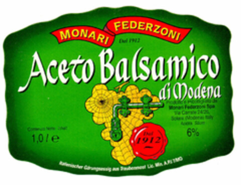 MONARI FEDERZONI Aceto Balsamico di Modena Logo (EUIPO, 01.04.1996)