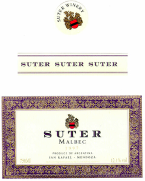 SUTER WINERY SUTER SUTER SUTER SUTER MALBEC 1997 PRODUCE OF ARGENTINA SAN RAFAEL-MENDOZA 750Ml 12.1%vol Logo (EUIPO, 11.12.1998)