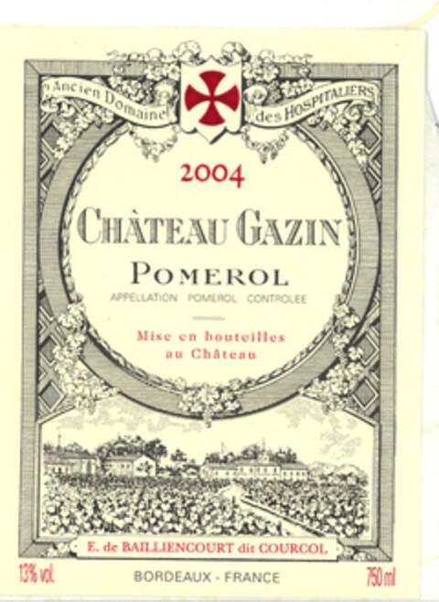 2004 CHATEAU GAZIN POMEROL APELLATION POMEROL CONTROLEE Mise en bouteilles au Château E. de BAILLIENCOURT dit COURCOL BORDEAUX-FRANCE Logo (EUIPO, 05/17/2006)