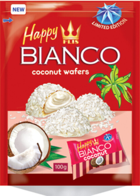 NEW Happy Flis LIMITED EDITION BIANCO coconut wafers 100g Happy Flis BIANCO coconut Logo (EUIPO, 03.04.2017)