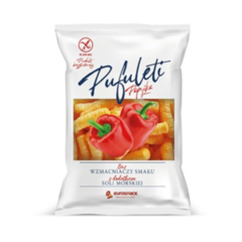 X PL - 009-042 Produkt bezglutenowy Pufuleti Paprika flavour Bez WZMACNIACZY SMAKU z dodatkiem SOLI MORSKIEJ eurosnack SNACKS HAVE NO LIMITS Logo (EUIPO, 26.03.2025)