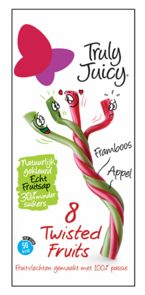 Truly Juicy Framboos Appel Natuurlijk gekleurd Echt Fruitsap 30% minder suikers 8 Tristed Fruits PER STUK 50kcal Fruitvlechten gemaakt met 100% passie Logo (EUIPO, 06.03.2008)