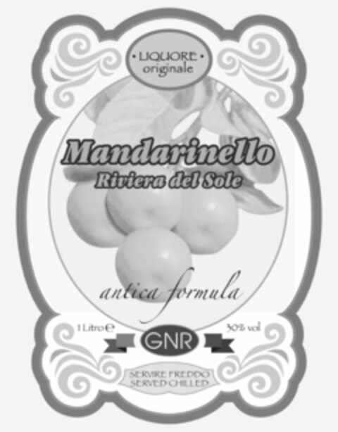 LIQUORE orígínale Mandarinello Riviera del Sole antica formula 1 Litro 30% vol GNR SERVIRE FREDDO SERVED CHILLED Logo (EUIPO, 07/29/2008)