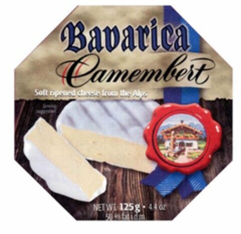 Bavarica Camembert Soft ripened cheese from the Alps Serving suggestion NET WT. 125g · 4.4oz 50% fat i.d.m. Logo (EUIPO, 11/13/2008)