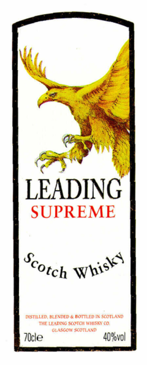LEADING SUPREME Scotch Whisky DISTILLED, BLENDED & BOTTLED IN SCOTLAND THE LEADING SCOTCH WHISKY CO. GLASGOW SCOTLAND 70cle 40%vol Logo (EUIPO, 11/08/2001)