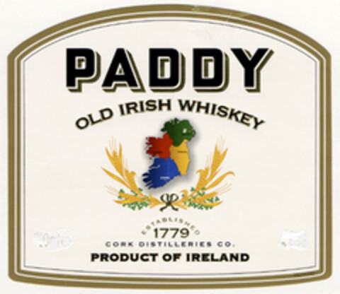 PADDY OLD IRISH WHISKEY ESTABLISHED 1779 CORK DISTILLERIES CO. PRODUCT OF IRELAND Logo (EUIPO, 25.06.2004)