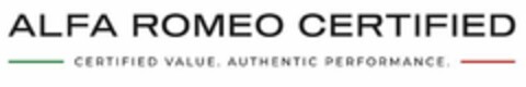 ALFA ROMEO CERTIFIED CERTIFIED VALUE. AUTHENTIC PERFORMANCE. Logo (EUIPO, 16.05.2022)