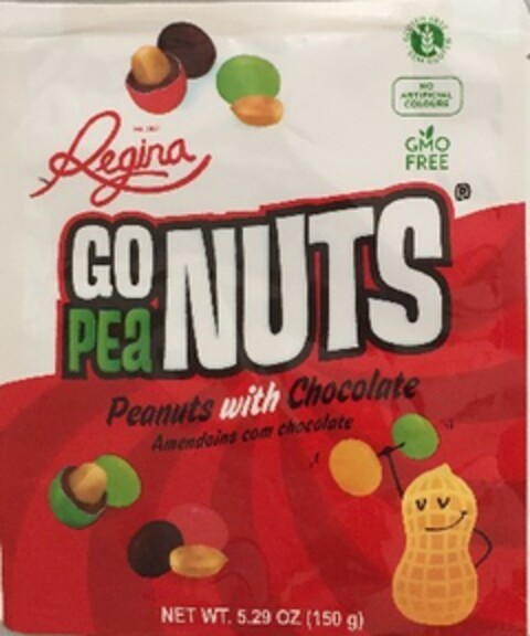 GLUTEN FREE SEM GLUTEN NO ARTIFICIAL COLOURS GMO FREE Est. 1927 Regina GOPEANUTS Peanuts with Chocolate Amendoins com chocolate NET WT. 5.29 OZ (150 g) Logo (EUIPO, 09.08.2019)