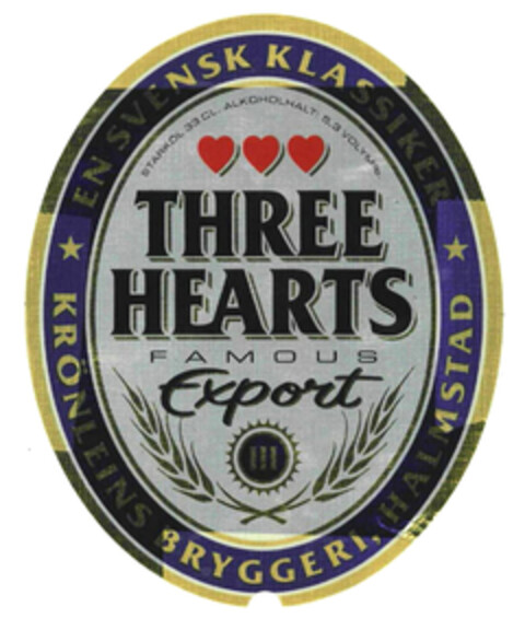 THREE HEARTS FAMOUS Export Logo (EUIPO, 16.02.2005)