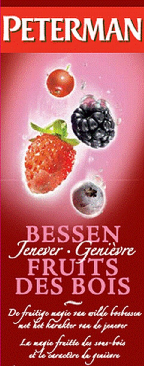 PETERMAN BESSEN Jenever · Genièvre FRUITS DES BOIS De fruitige magie van wilde bosbessen met het karakter van de jenever La magie fruitée des sous-bois et le caractère de genièvre Logo (EUIPO, 10/22/2008)