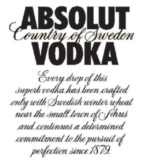 ABSOLUT COUNTRY OF SWEDEN VODKA Every drop of this superb vodka has been crafted only with Swedish winter wheat near the small town of Åhus and continues a determined commitment to the pursuit of perfection since 1879 Logo (EUIPO, 03/16/2011)