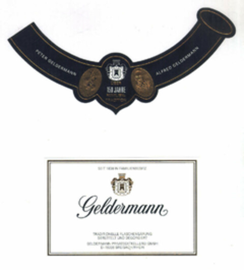 PETER GELDERMANN ÜBER 150 JAHRE FAMILIEN-TRADITION ALFRED GELDERMANN SEIT 1838 IN FAMILIENBESITZ Geldermann TRADITIONELLE FLASCHENGÄRUNG GERÜTTELT UND DEGORGIERT GELDERMANN PRIVATSEKTKELLEREI GMBH D- 79206 BREISACH/RHEIN Logo (EUIPO, 22.06.1998)