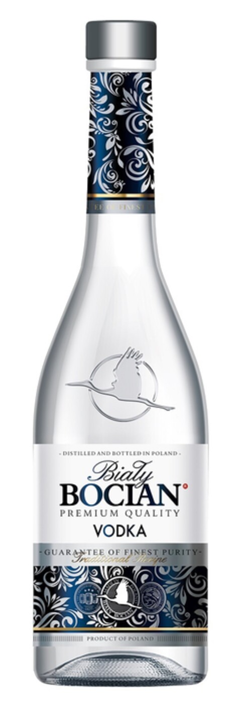 Biały BOCIAN – DISTILLED AND BOTTLED IN POLAND – PREMIUM QUALITY VODKA GUARANTEE OF FINEST PURITY – Traditional Recipe MADE IN POLAND BIAŁY BOCIAN PRODUCT OF POLAND Logo (EUIPO, 08.06.2019)