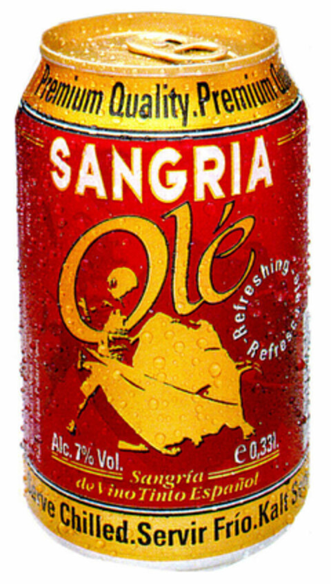 SANGRIA Olé Premium Quality. Premium Refreshing- Refrescante- Alc. 7% Vol. e0,33l. Sangría de Vino Tinto Español Serve Chilled. Servir Frío. Kalt Logo (EUIPO, 15.09.1999)