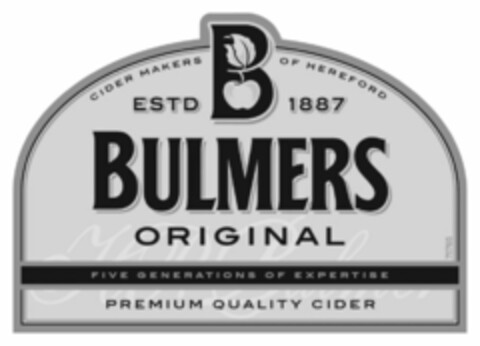 B BULMERS ORIGINAL FIVE GENERATIONS OF EXPERTISE PREMIUM QUALITY CIDER CIDER MAKERS OF HEREFORD ESTD 1887 Logo (EUIPO, 03/05/2014)