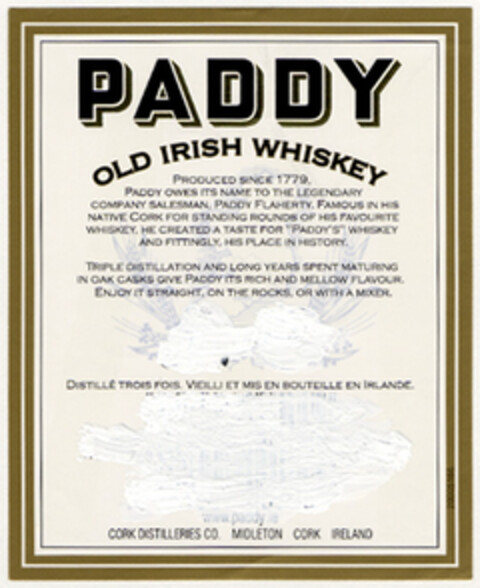 PADDY OLD IRISH WHISKEY PRODUCED SINCE 1778, PADDY OWES ITS NAME TO THE LEGENDARY COMPANY SALESMAN, PADDY FLAHERTY, FAMOUS IN HIS NATIVE Logo (EUIPO, 25.06.2004)