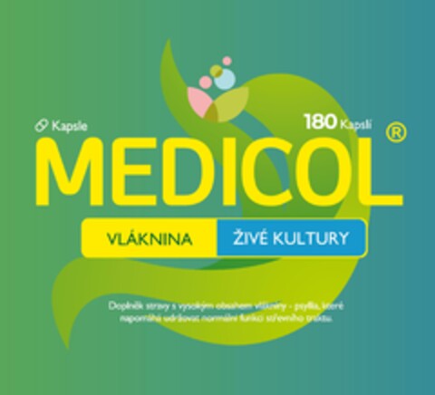 Kapsle 180 kapslí VLÁKNINA ŽIVÉ KULTURY MEDICOL Doplněk stravy s vysokým obsahem vlákniny - psyllia , které napomáhá udržovat normálni funkci střevního traktu . Logo (EUIPO, 21.09.2023)