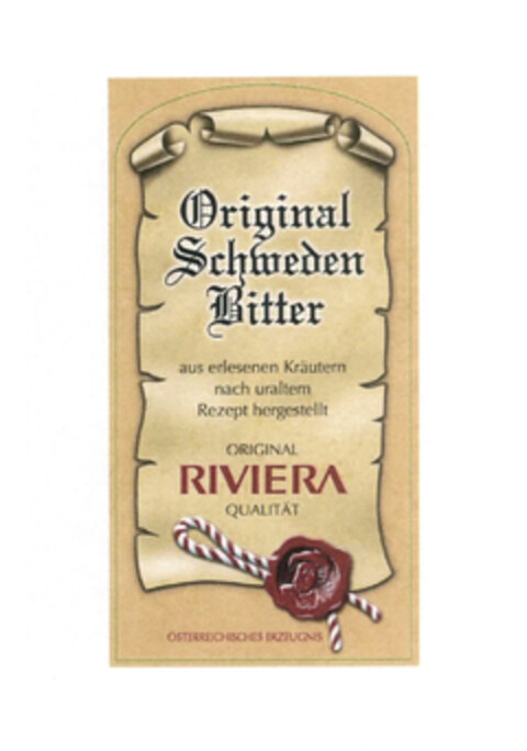 Original Schweden Bitter aus erlesenen Kräutern nach uraltem Rezept hergestellt ORIGINAL RIVIERA QUALITÄT ÖSTERREICHISCHES ERZEUGNIS Logo (EUIPO, 06.06.2022)