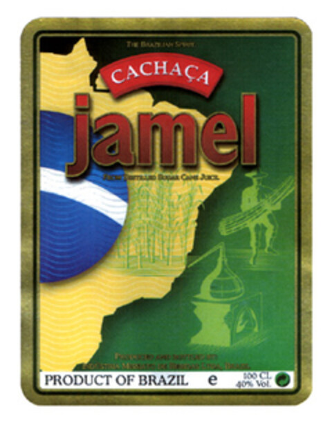 THE BRAZILIAN SPIRIT CACHAÇA jamel FROM DESTILLED SUGAR CANE JUICE PRODUCED AND BOTTLED BY: INDÚSTRIA MISSIATO DE BEBIDAS LTDA, BRAZIL PRODUCT OF BRAZIL e 100 CL. 40% Vol. Logo (EUIPO, 12/02/2004)