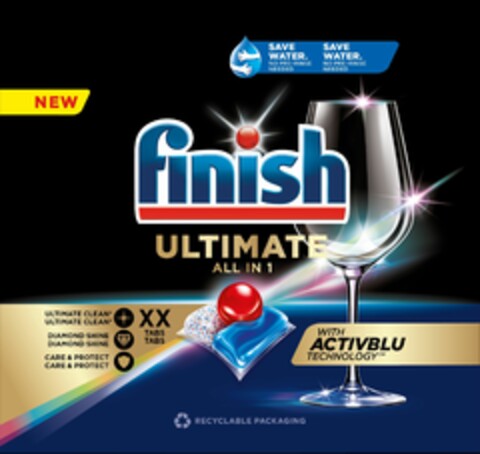 NEW FINISH ULTIMATE ALL IN 1 SAVE WATER NO PRE-RINSE NEEDED SAVE WATER NO PRE-RINSE NEEDED ULTIMATE CLEAN* ULTIMATE CLEAN* DIAMOND SHINE DIAMOND SHINE CARE & PROTECT CARE & PROTECT XX TABS TABS WITH ACTIVBLU TECHNOLOGY RECYCLABLE PACKAGING Logo (EUIPO, 06.12.2022)