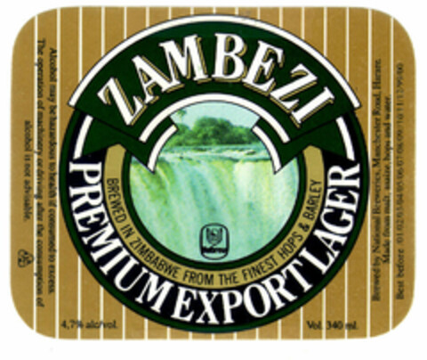 ZAMBEZI PREMIUM EXPORT LAGER BREWED IN ZIMBABWE FROM THE FINEST HOPS & BARLEY Logo (EUIPO, 30.12.1999)