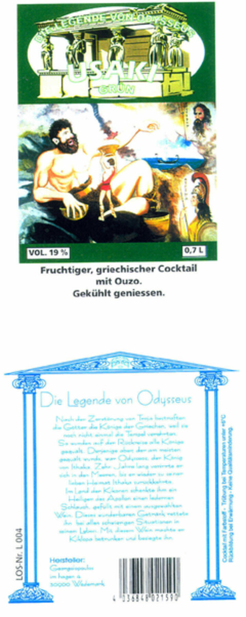 USAKI GRÜN DIE LEGENDE VON ODYSSEUS VOL. 19% 0,7L Fruchtiger, griechischer Cocktail mit Ouzo. Gekühlt geniessen. Logo (EUIPO, 11.09.2000)