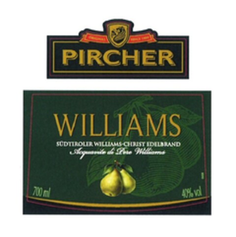 PIRCHER ORIGINAL SINCE 1884 WILLIAMS SÜDTIROLER WILLIAMS-CHRIST EDELBRAND ACQUAVITE DI PERE WILLIAMS Logo (EUIPO, 25.02.2010)