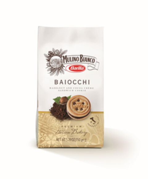 MULINO BIANCO BARILLA  BAIOCCHI HAZELNUT AND COCOA CREME SANDWICH COOKIE  PREMIUM ITALIAN BAKERY PRODUCT OF ITALY Logo (EUIPO, 05.12.2016)