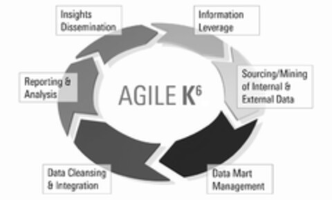 AGILE K6 insight dissemination reporting & analysis data cleansing & integration data mart management sourcing/mining of internal & external data information leverage Logo (EUIPO, 09/23/2011)