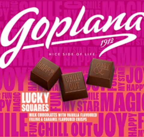 Goplana 1912 NICE SIDE OF LIFE LUCKY SQUARES MILK CHOCOLATES WITH VANILLA FLAVOURED FILLING & CARAMEL FLAVOURED CRISPS HAPPY CHILL OUT & JOY MY STAR FUN MAGIC Logo (EUIPO, 22.01.2024)