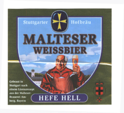 MALTESER WEISSBIER Stuttgarter Hofbräu HEFE HELL Gebraut in Stuttgart nach einem Lizenzrezept aus der Malteser-Brauerei Amberg, Bayern Logo (EUIPO, 07/09/2003)